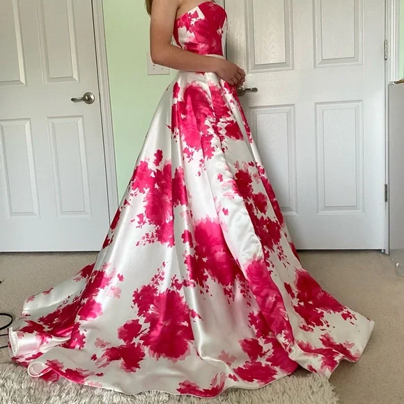 strapless open back dress Simple Red White Chiffon Long Floral Prom Dress with Side Slit PFP0312 –  Promfast main image 1